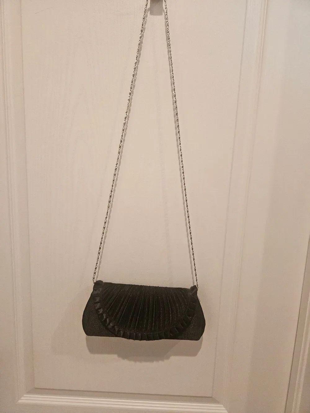 Satin Pleated Black Evening Wristlet with Chain Strap